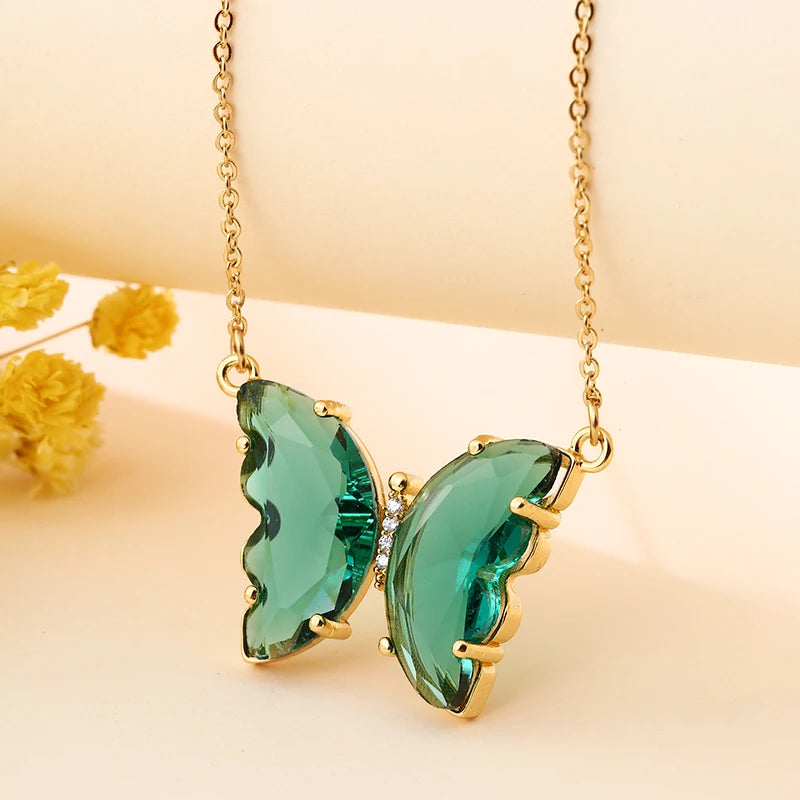 Stainless Steel Crystal Butterfly Pendant Necklace for Women