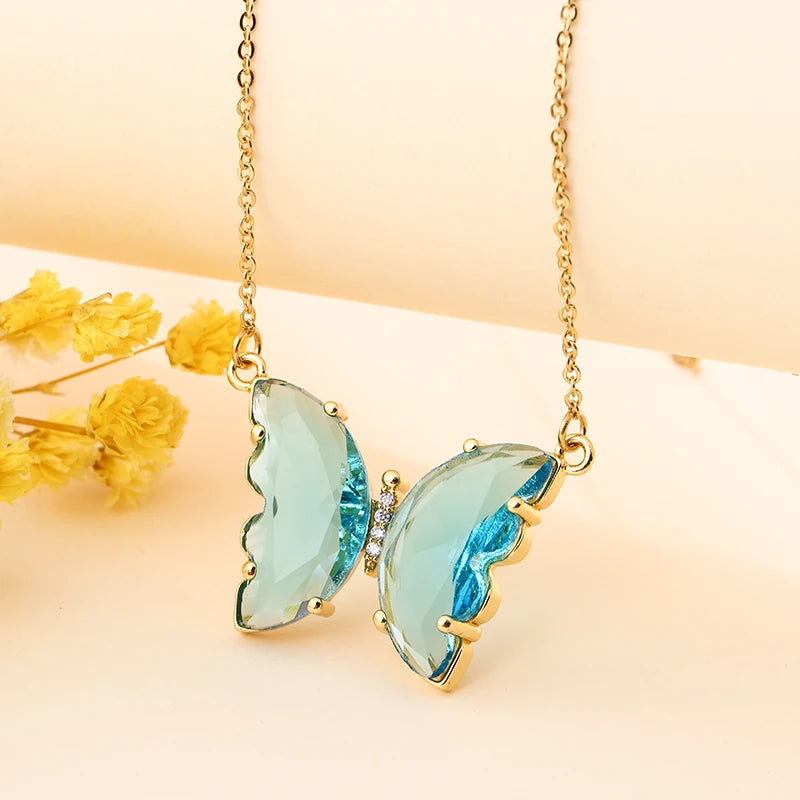 Stainless Steel Crystal Butterfly Pendant Necklace for Women