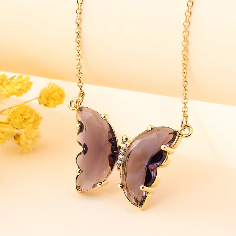 Stainless Steel Crystal Butterfly Pendant Necklace for Women