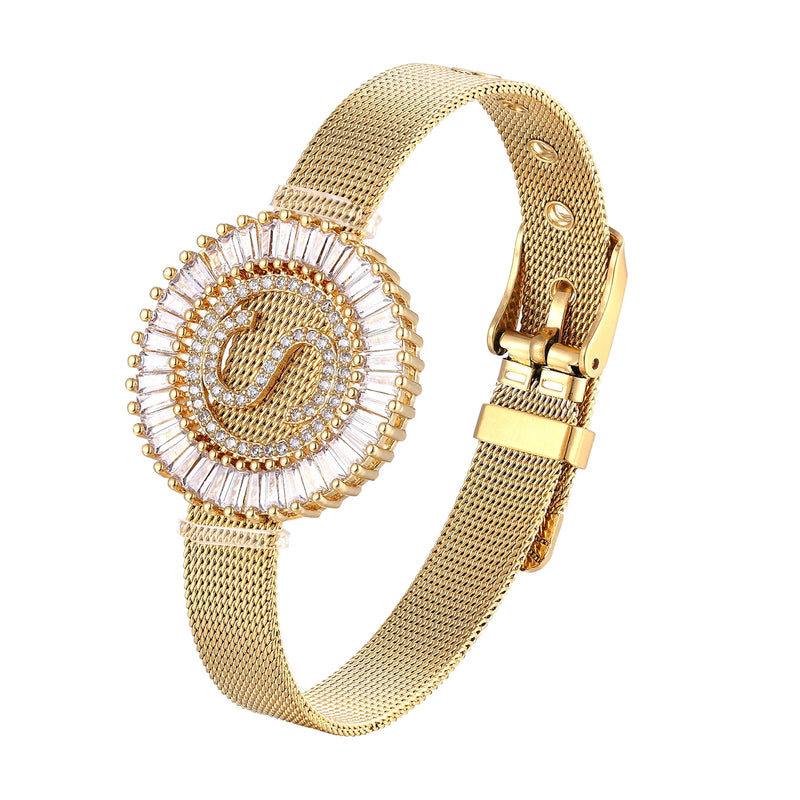 Stainless Steel CZ Letter Initial Charm Bracelet Watch
