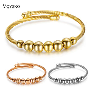 Stainless Steel Cable Wire Cuff Bangle Women Beads Bracelet