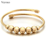 Stainless Steel Cable Wire Cuff Bangle Women Beads Bracelet