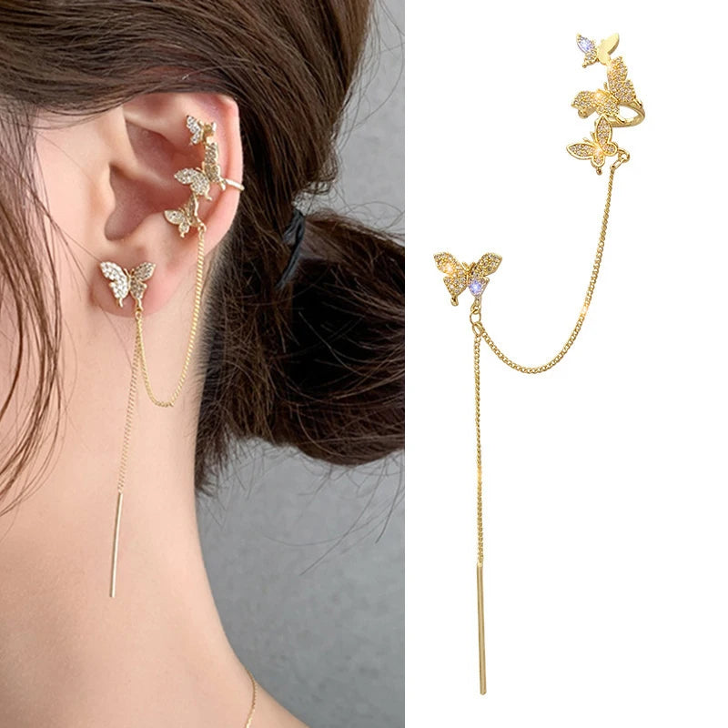 Star Shape Zircon Clip-on Earrings Girl Ear Cuff with Chain