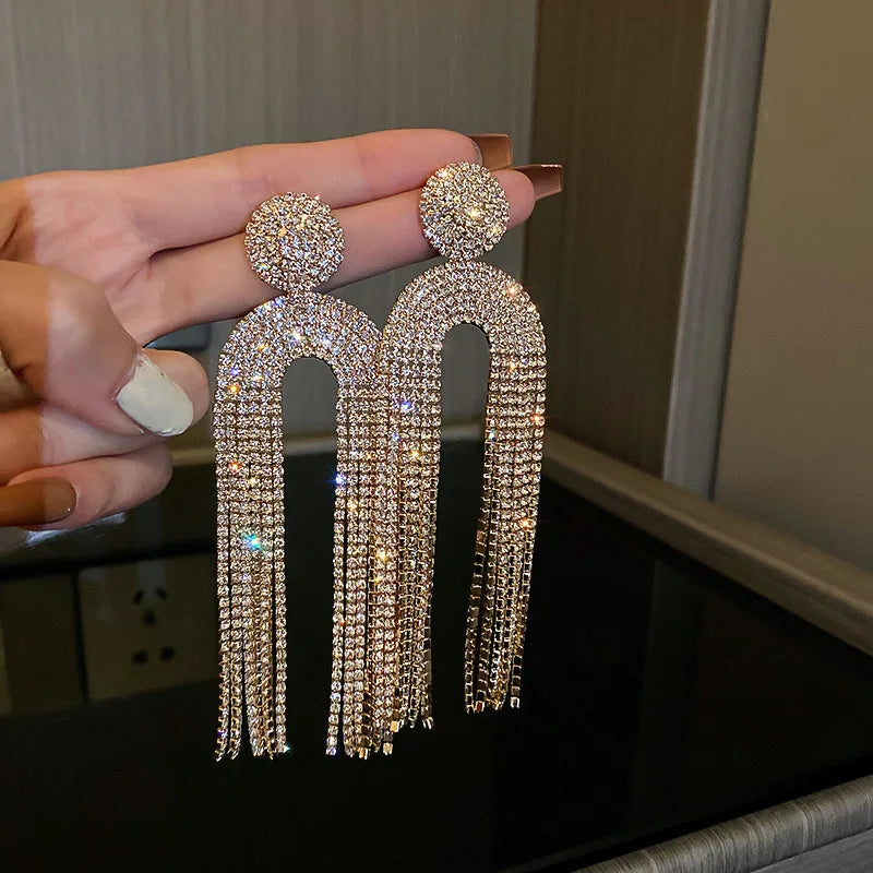 Long Rhinestone Statement Earrings for Women Party Crystal Tassel Earings