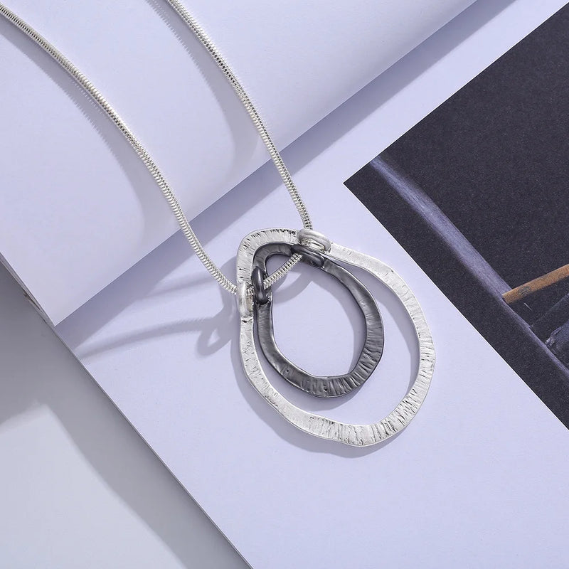 Metal Large Circles Pendant Necklace Long Chain Jewelry