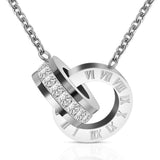 Stainless Steel CZ Double Circle Roman Numberals Pendant Necklace