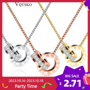 Stainless Steel CZ Double Circle Roman Numberals Pendant Necklace