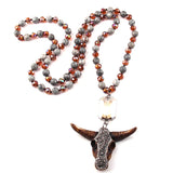 Stone/Glass Long Knot Rectangle Crystal Link Horn Pendant Necklace Women Lariat