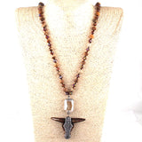 Stone/Glass Long Knot Rectangle Crystal Link Horn Pendant Necklace Women Lariat