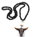 Stone/Glass Long Knot Rectangle Crystal Link Horn Pendant Necklace Women Lariat