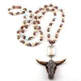 Stone/Glass Long Knot Rectangle Crystal Link Horn Pendant Necklace Women Lariat