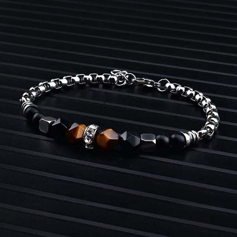 Stone Beads Men Bracelet Hippie Armband Stainless Steel Chain Mens Jewelry