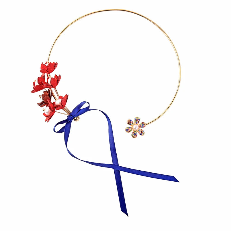 Suede Fabric Flower Chokers Ribbon Tassel Neck Straps For Women