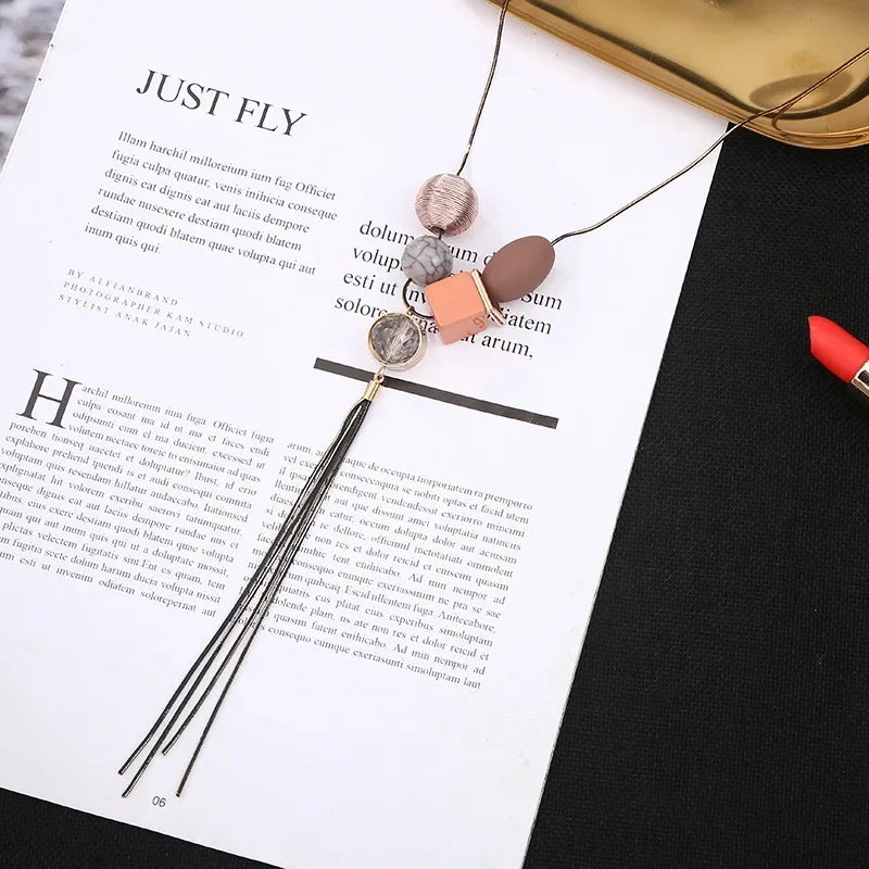 Resin Beaded Sweater Chain Necklace Tassel Jewelry Gift