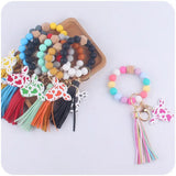 Cartoon Cow Head Wood Sign Keychain Bracelet Keyring