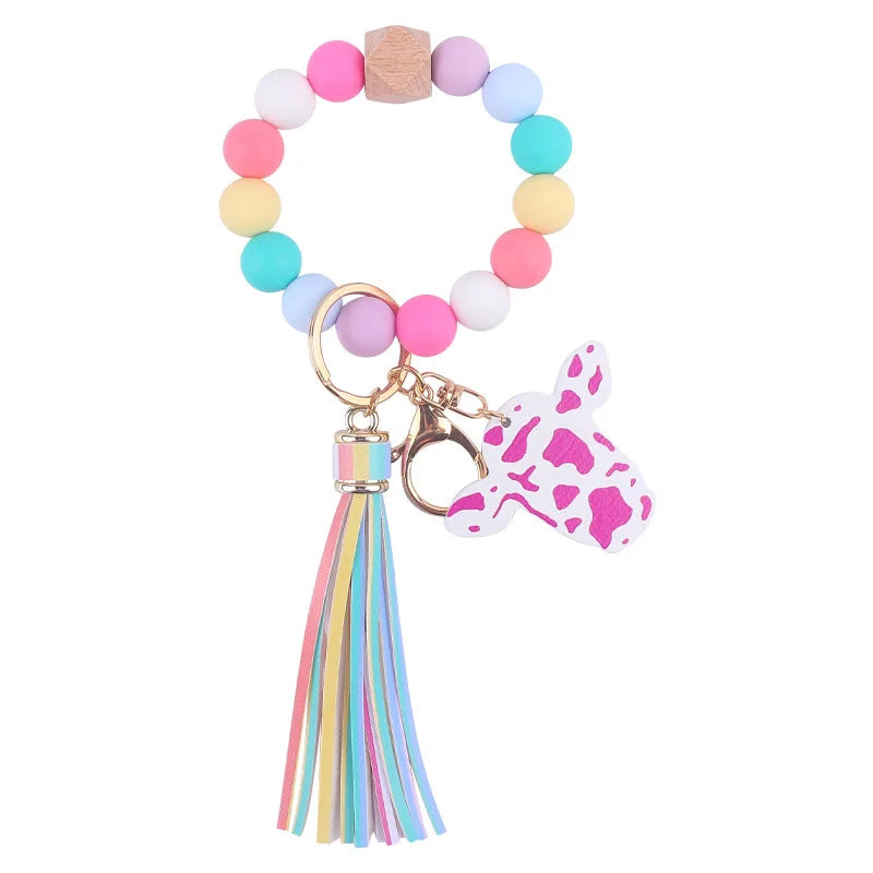 Cartoon Cow Head Wood Sign Keychain Bracelet Keyring