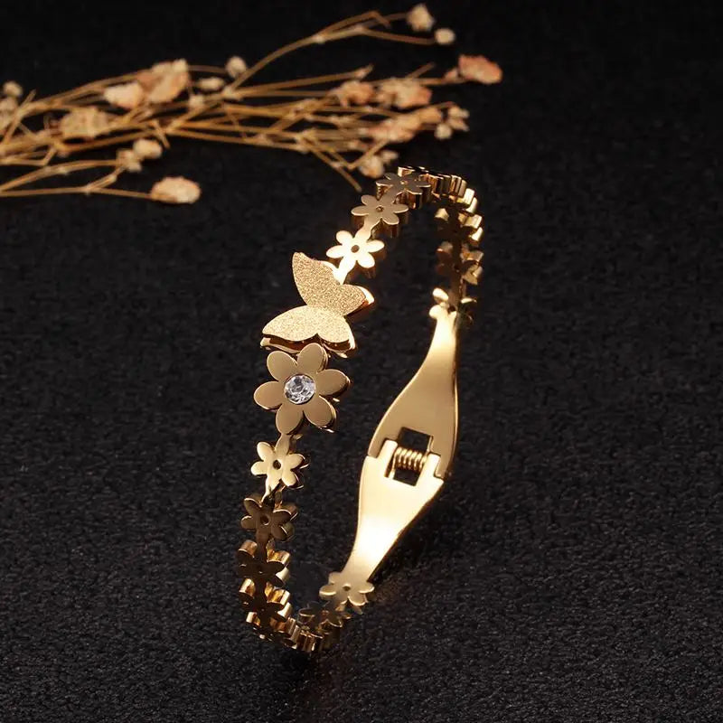 Sweet Flower Women Charm Cuff Bangles Stainless Steel Plating Bracelets