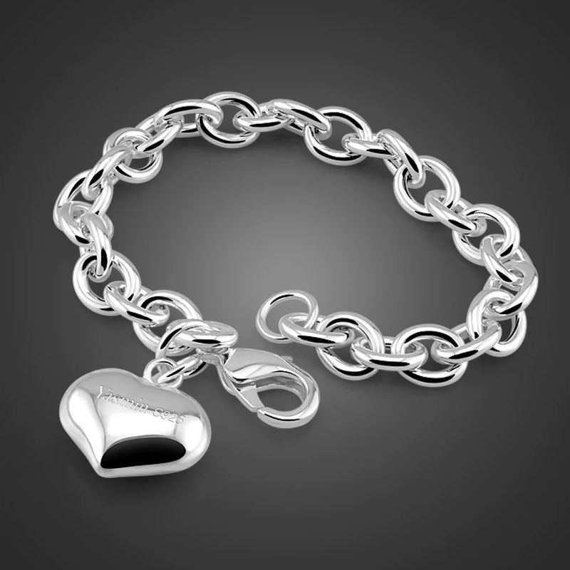 Sweet Heart Pendant Solid Silver Bracelet For Women 6-10 inch