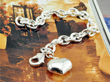 Sweet Heart Pendant Solid Silver Bracelet For Women 6-10 inch