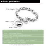 Sweet Heart Pendant Solid Silver Bracelet For Women 6-10 inch