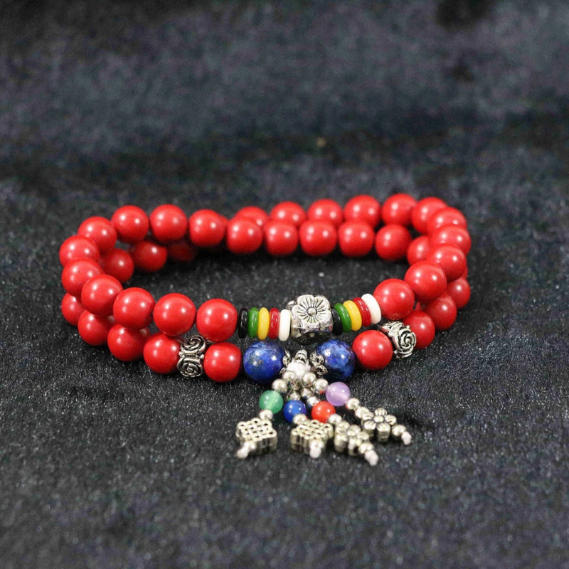 Red Cinnabar Round Bracelet with Silver Spacer Beads 18inch