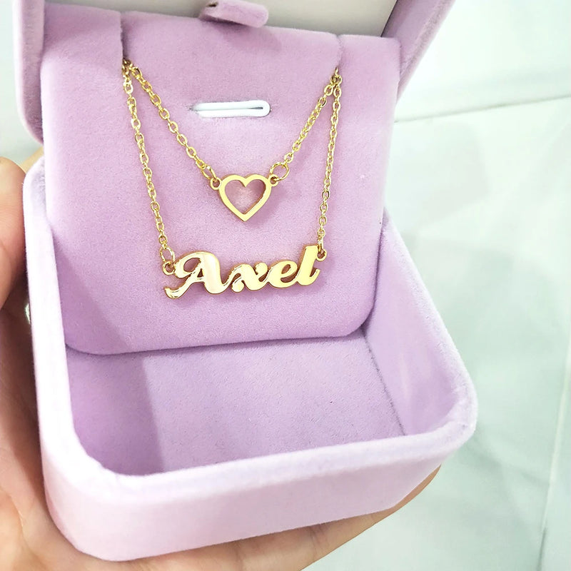 Tiny Heart Initial Double Necklace Link Chain Name Jewelry