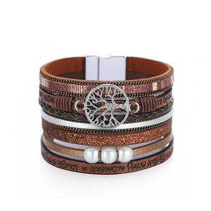 Bohemian Tree of Life Pearl Charm Leather Bracelet