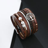 Bohemian Tree of Life Pearl Charm Leather Bracelet