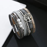 Bohemian Tree of Life Pearl Charm Leather Bracelet