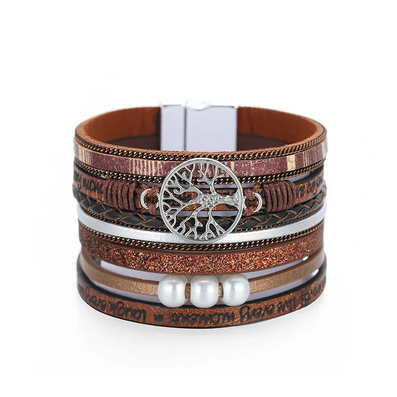 Bohemian Tree of Life Pearl Charm Leather Bracelet