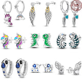 925 Silver Women Hoop Earrings Animal Dragon Elephant Feathers Pendientes