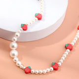 Strawberry Pendant Necklace Pearl Choker for Women Girl