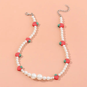 Strawberry Pendant Necklace Pearl Choker for Women Girl