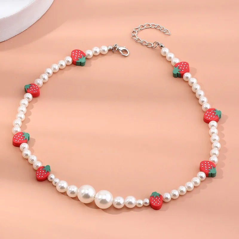 Strawberry Pendant Necklace Pearl Choker for Women Girl