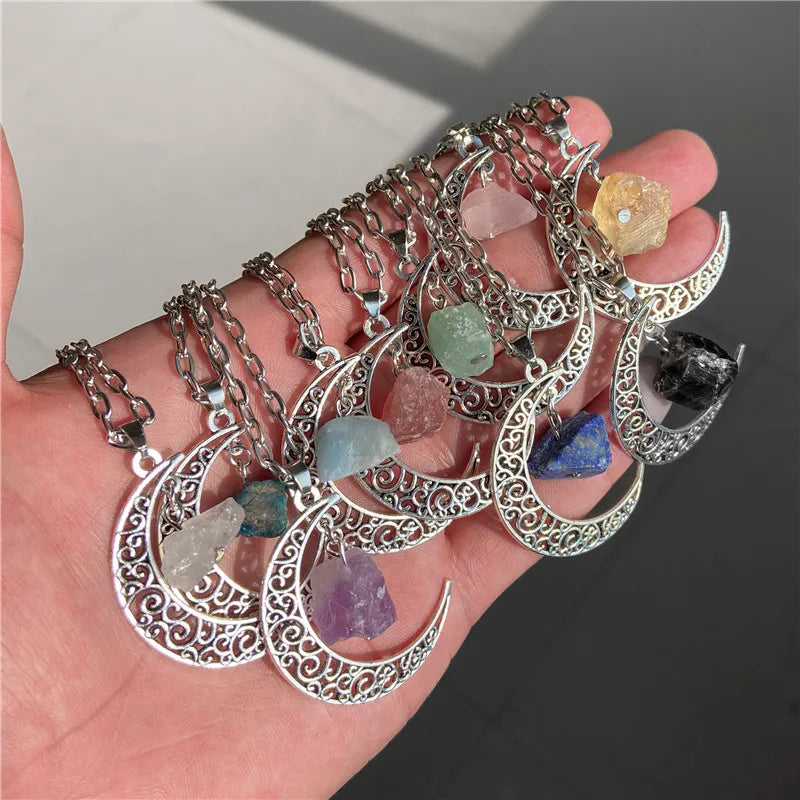 Raw Stone Moon Necklace Vintage Reiki Healing Chain Necklace