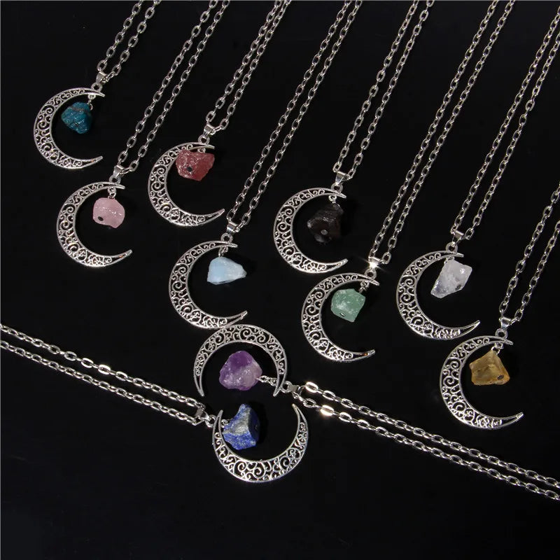 Raw Stone Moon Necklace Vintage Reiki Healing Chain Necklace