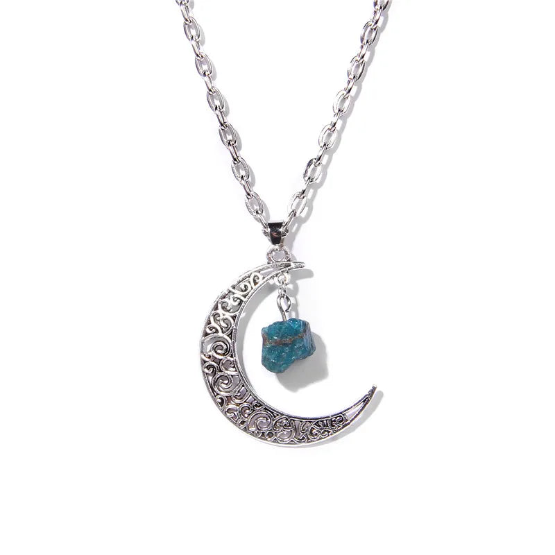 Raw Stone Moon Necklace Vintage Reiki Healing Chain Necklace