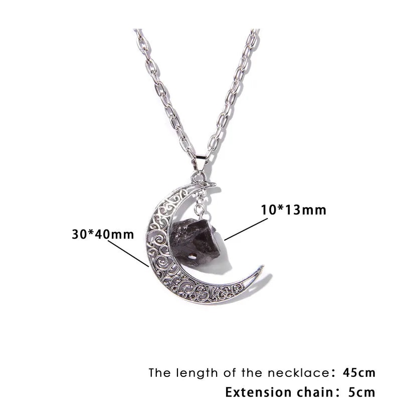 Raw Stone Moon Necklace Vintage Reiki Healing Chain Necklace