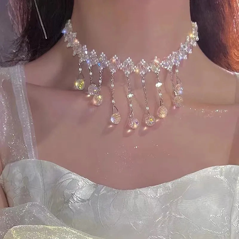 Delicate Crystal Tassel Diamond Pendant Necklace for Women