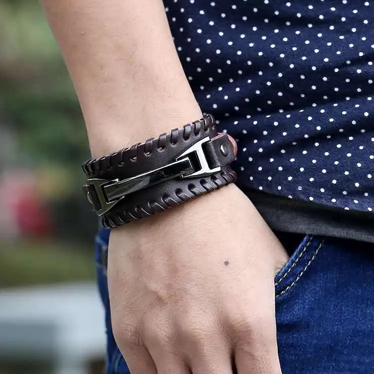 Leather Bracelet for Men Vintage Mental Charms Bracelets