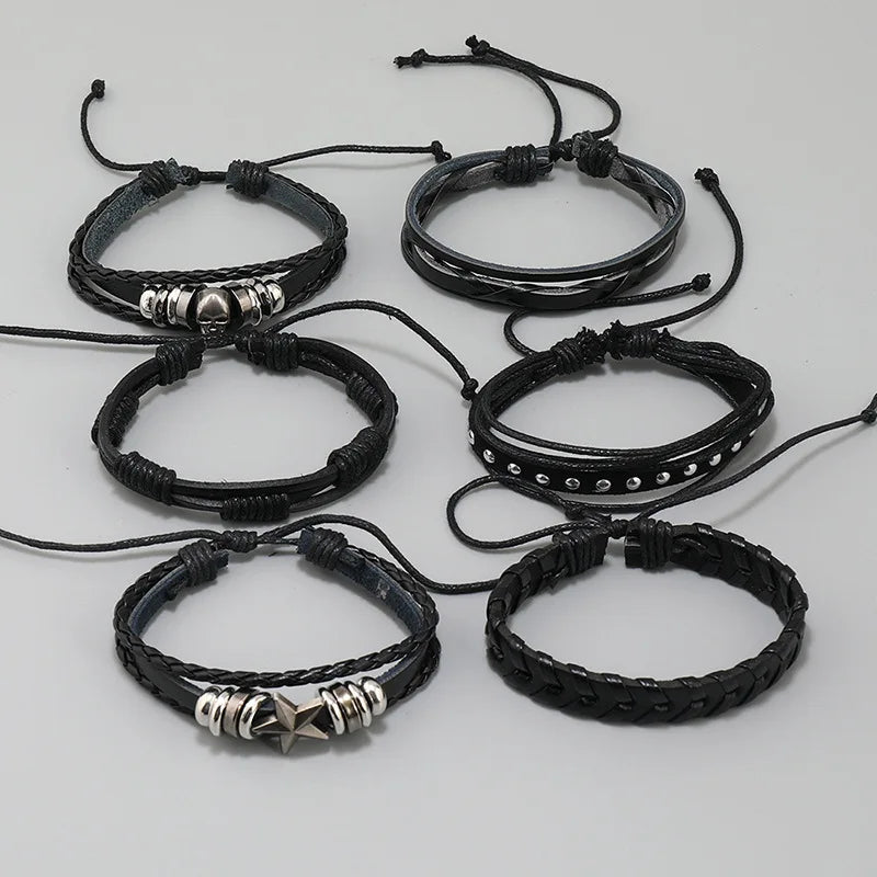 Vintage Skull Star Charms Leather Bracelets for Men