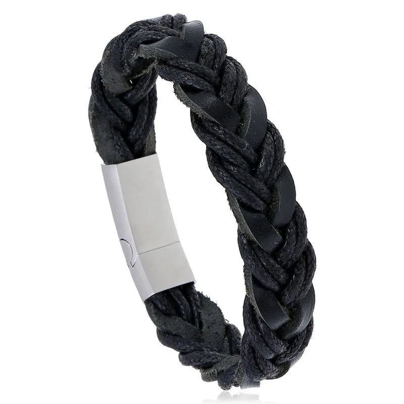 Men's Magnetic Buckle Leather Bracelet Retro Stainless Steel