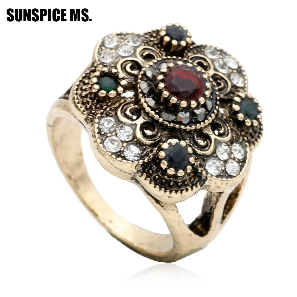 Women Flower Vintage Rings Antique Resin Jewelry Ethnic Bijoux