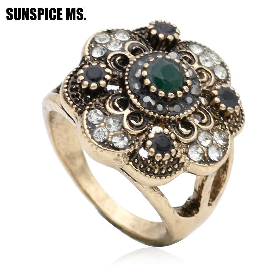 Women Flower Vintage Rings Antique Resin Jewelry Ethnic Bijoux