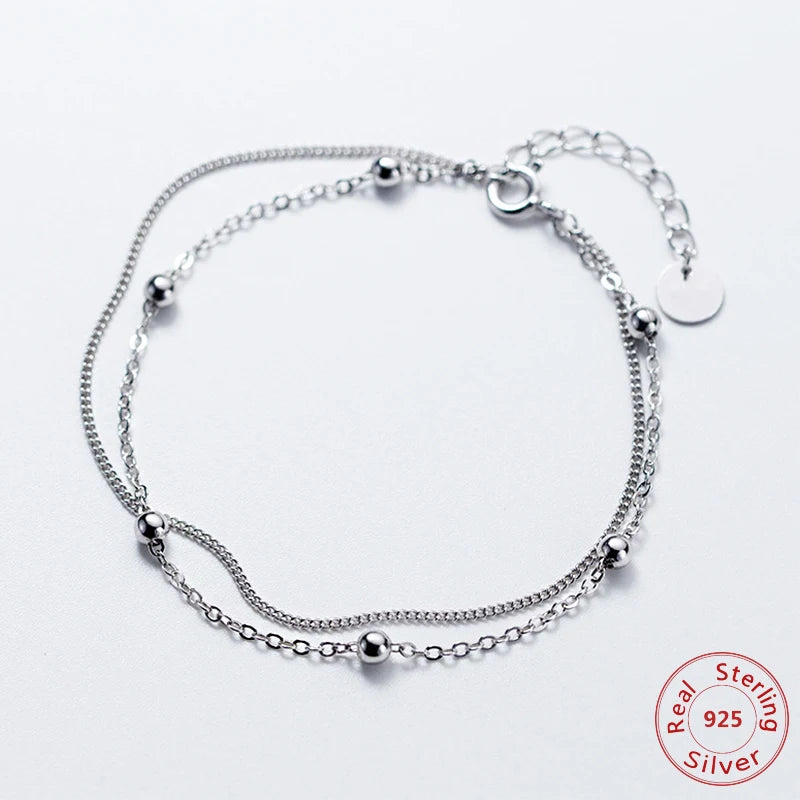 925 Silver Beaded Chain Charm Bracelet Adjustable Length