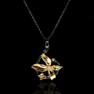Flower Butterfly Pendant Necklace Silver Plate Jewelry