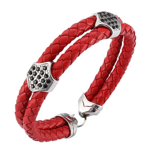 Red Double Rope Braided Leather Bracelet with Zircon