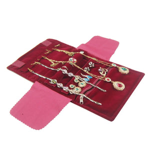 Burgundy Velvet Jewelry Organizer Roll Bag for Necklaces Rings Bracelet