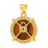 Tiger Eye Shell Agate Round Lock Pendant for DIY Necklace