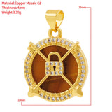 Tiger Eye Shell Agate Round Lock Pendant for DIY Necklace